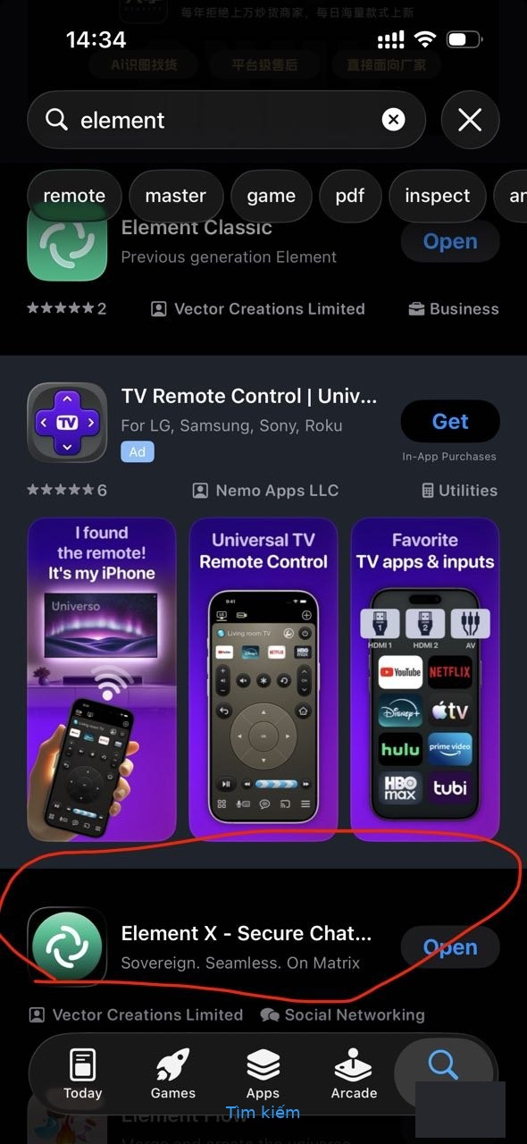 Tìm element trên App Store và chọn Element X