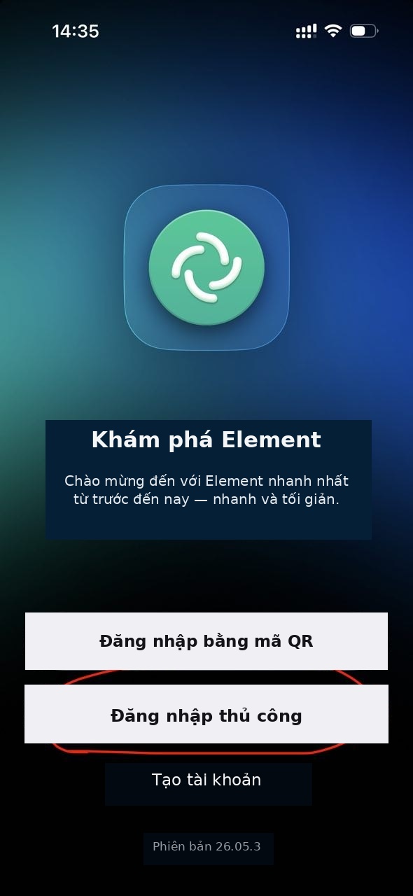Trang chào mừng Element X, chọn tạo tài khoản hoặc đăng nhập thủ công